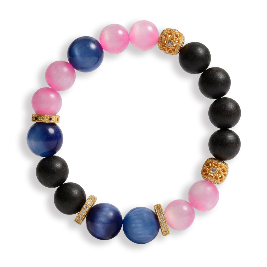 Beaded bracelet with pink, blue and black beads, gold spacer accents