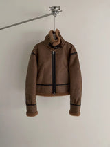 Loose Suede Lambswool Leather Jacket - WOMONA.COM