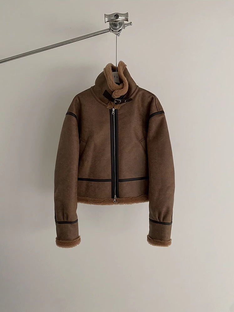 Loose Suede Lambswool Leather Jacket - WOMONA.COM