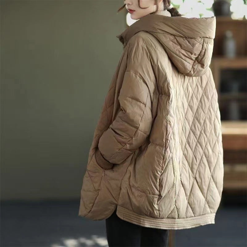 Diamond Lattice Artistic Loose White Duck Down Jacket - WOMONA.COM