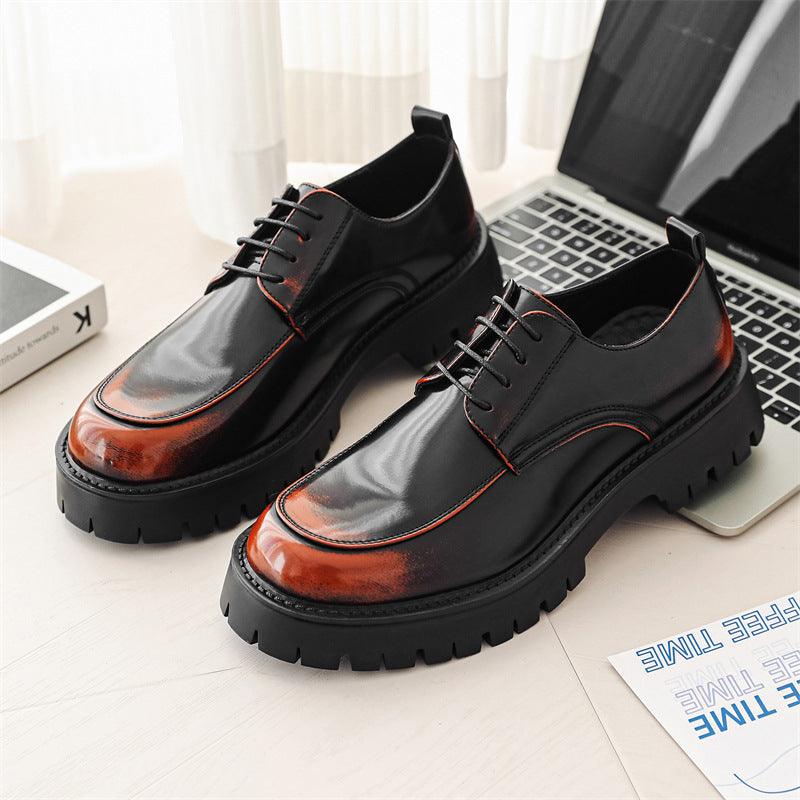 Black leather lace-up casual shoes with thick rubber sole and contrast red laces