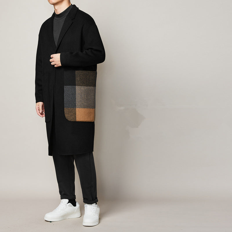 Fashion Men's Color Contrast Stitching Long Woolen Coat - WOMONA.COM