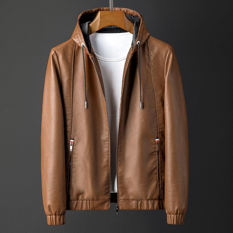 Brown leather hooded jacket with front zipper, drawstring hood, ribbed cuffs