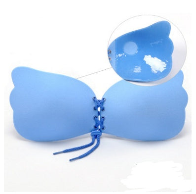 Light blue strapless bra with molded cups and lace-up tie front