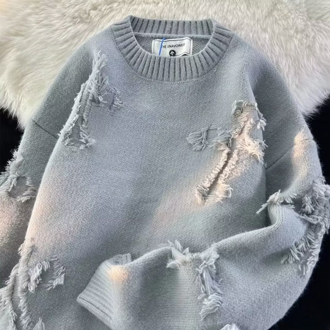 Men's gray distressed ripped knit sweater