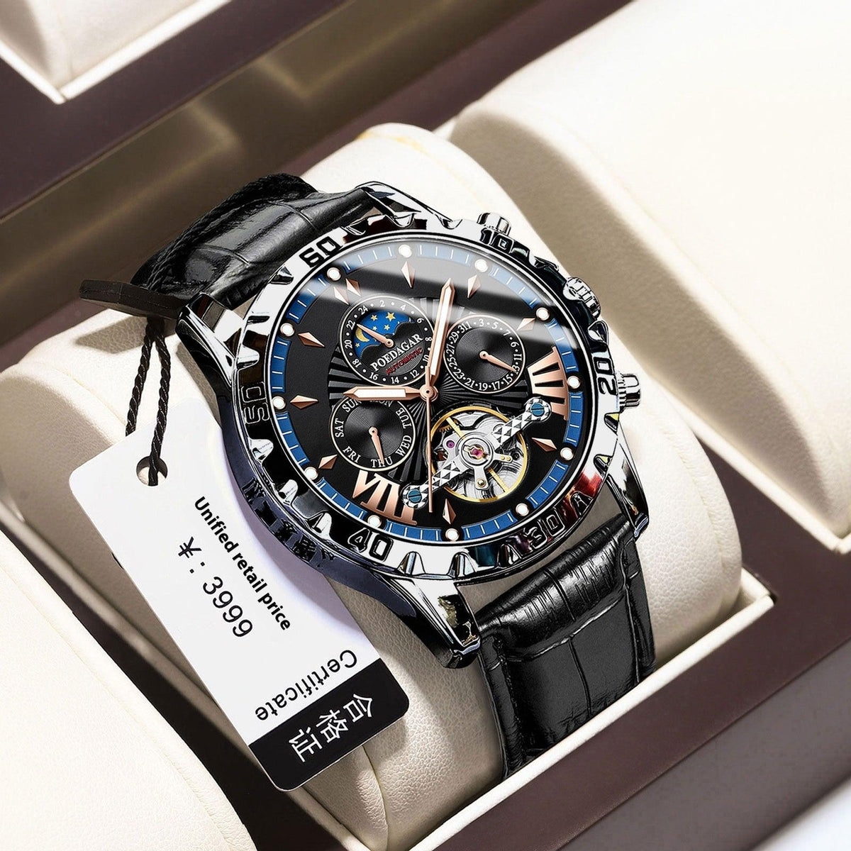 Men's automatic watch with rose-gold case, black leather strap, blue dial details