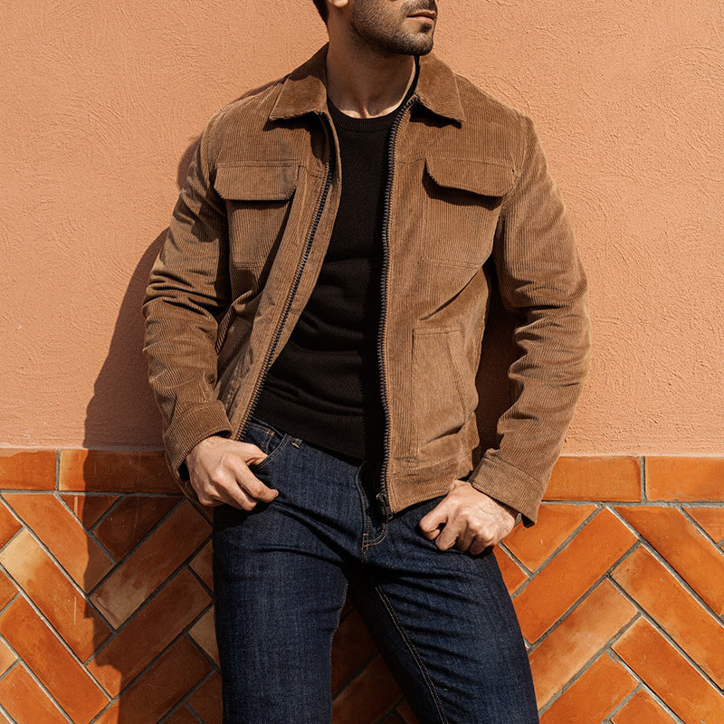 Men's khaki retro lapel jacket with zip front and flap chest pockets
