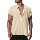 Loose Stand Neck Solid Color Pocket Short Sleeve Shirt - WOMONA.COM