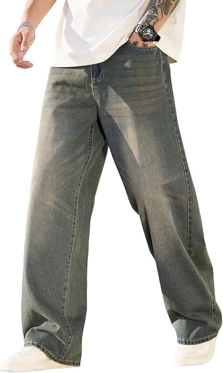 Men's straight-leg jeans in dark gray denim with a washed finish, relaxed fit