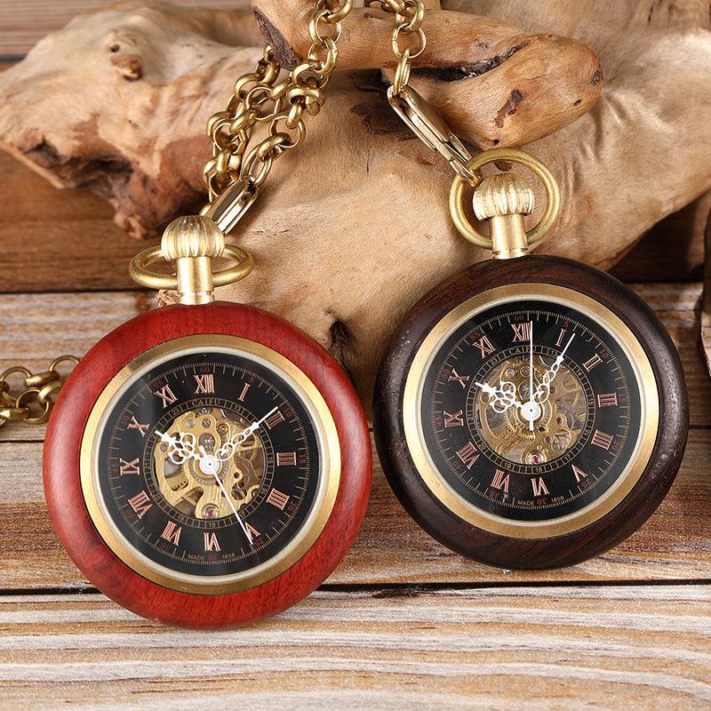 Red Copper Wood Roman Scale Retro Mechanical Pocket Watch - WOMONA.COM