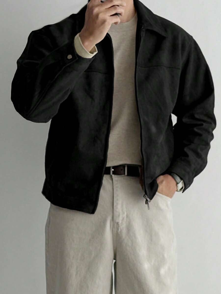 Men's Faux Suede Zip-Front Shirt Jacket, Black - product view 5