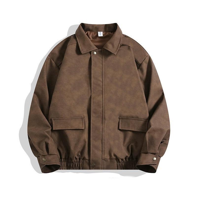Brown student fashion jacket with snap-button front and two chest pockets