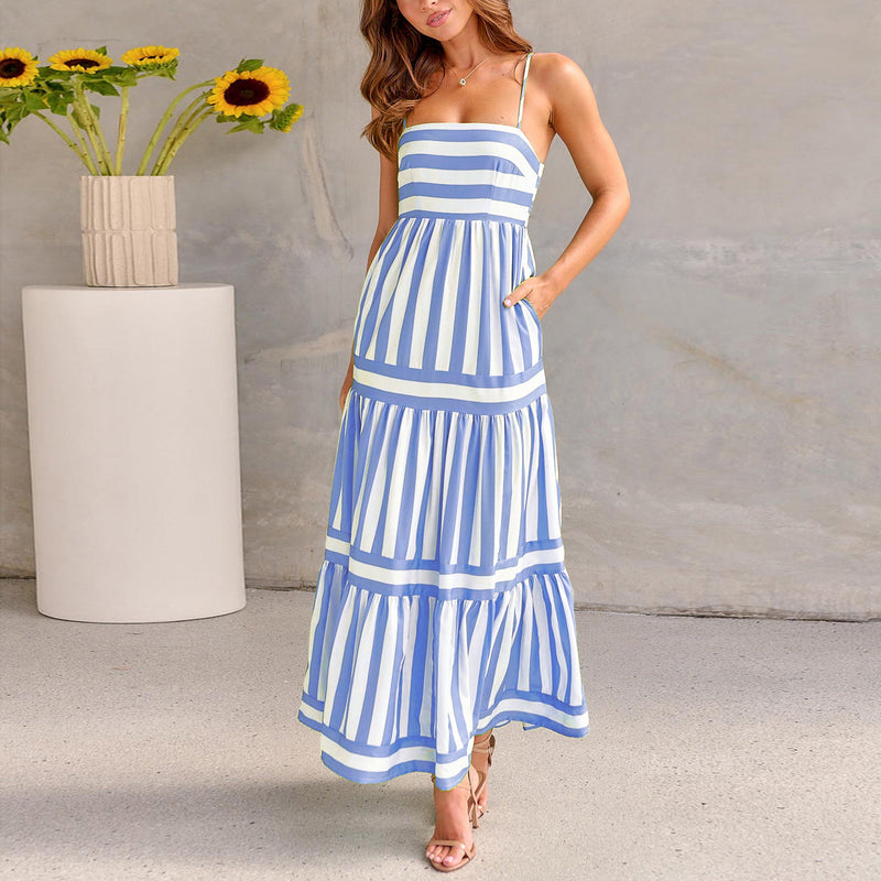 Summer Striped Printed Suspender Long Dress - WOMONA.COM