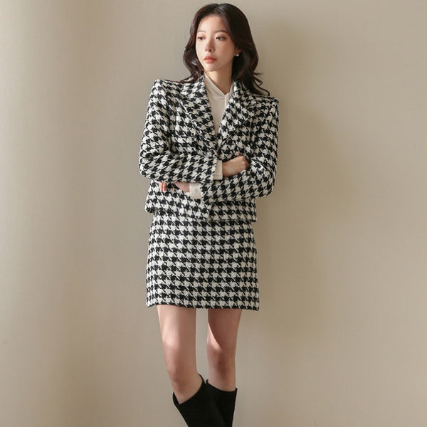 Women's Houndstooth Jacket And Skirt Suit - WOMONA.COM