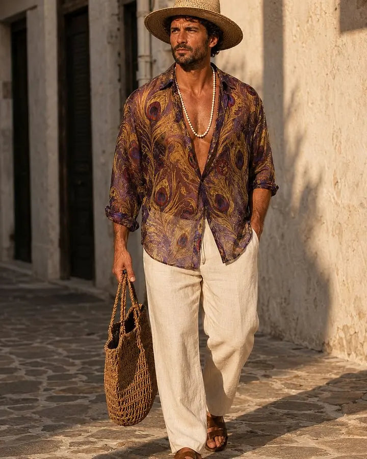 Men's resort shirt with ornate peacock paisley pattern, open collar, long sleeves