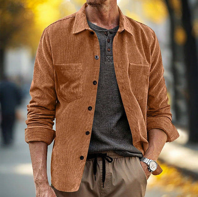 Men's corduroy shirt jacket, brown, long sleeves, button front, chest pockets, lapel collar.