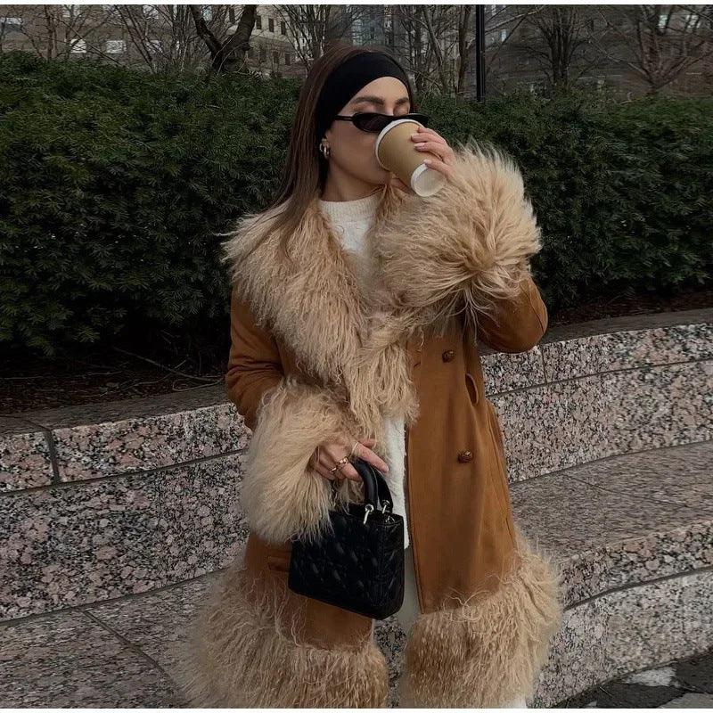 Light brown mid-length coat with shaggy faux-fur trim, button front, and hooded neckline