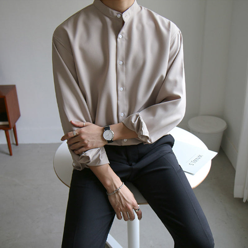 Men's Stand-Up Collar Shirt Long Sleeve Korean Trend - WOMONA.COM