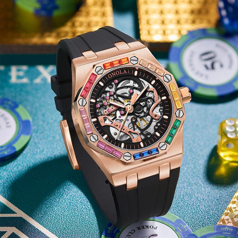 Silicone Band Rainbow Diamond Automatic Mechanical Watch - WOMONA.COM