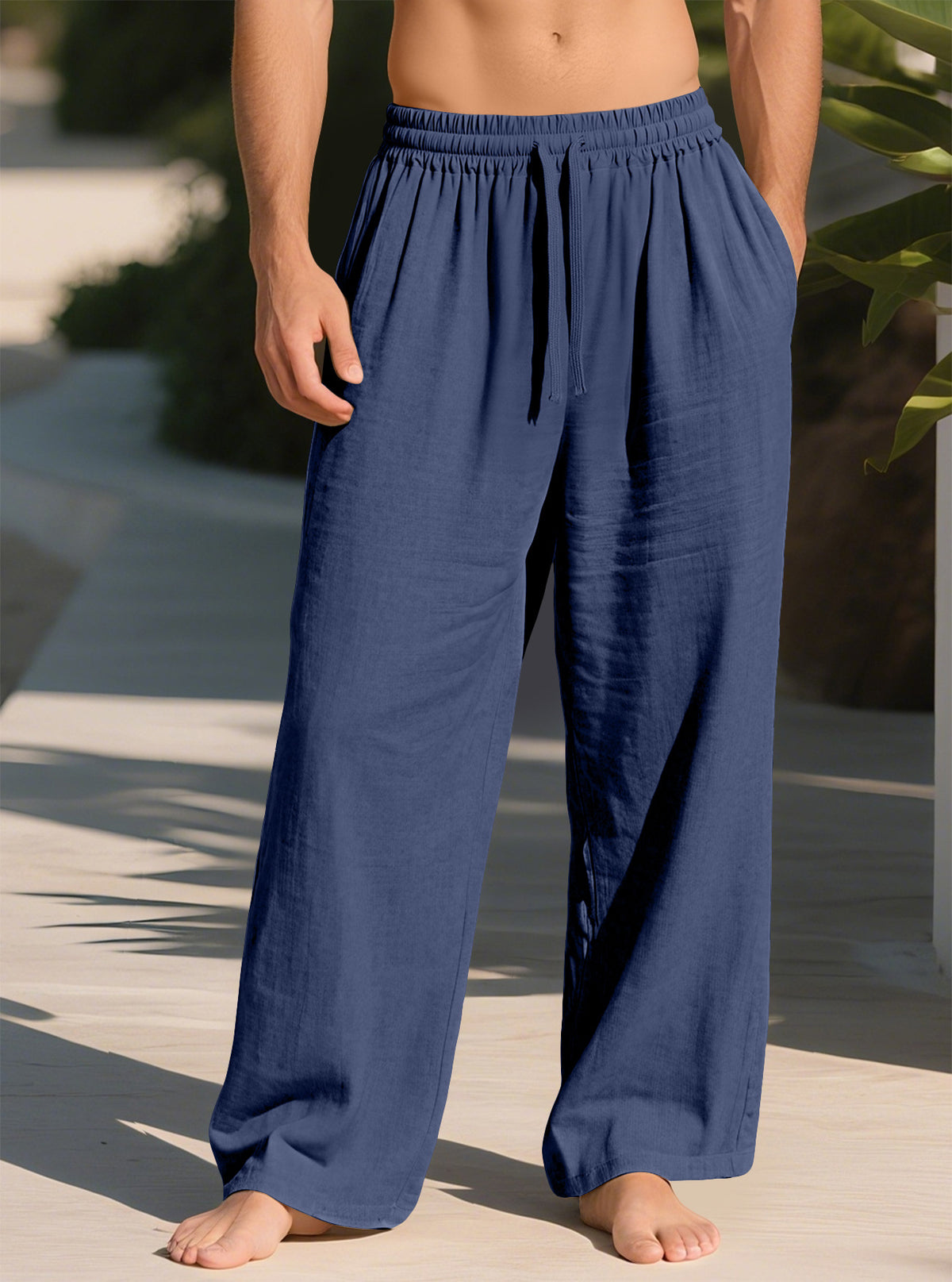 Men's quick-dry cotton-linen loose straight pants, navy blue elastic drawstring waist