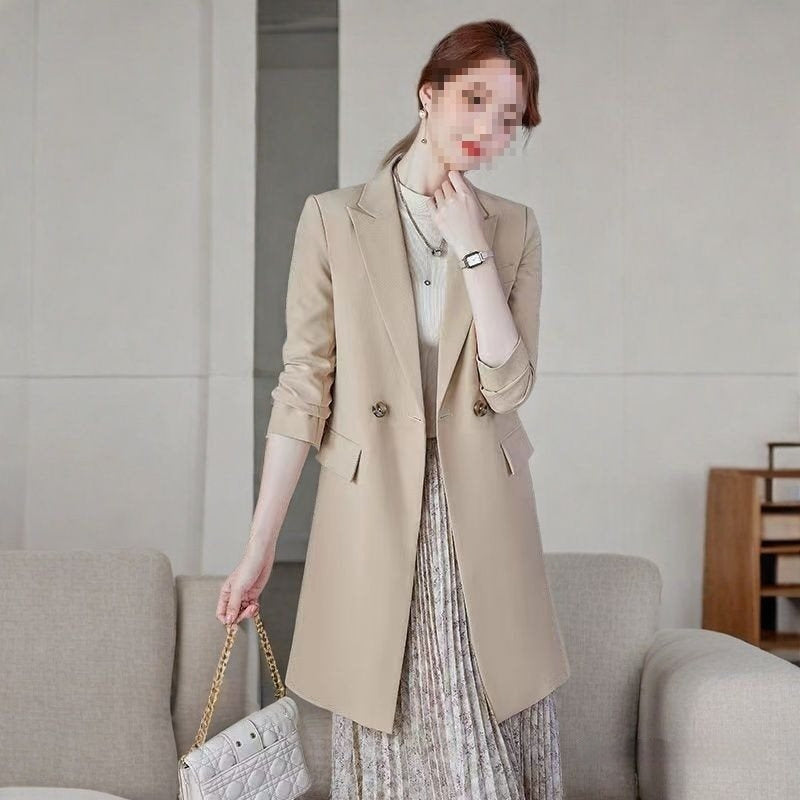 Khaki Korean-style blazer trench coat with notched lapels and button front, longline hem.