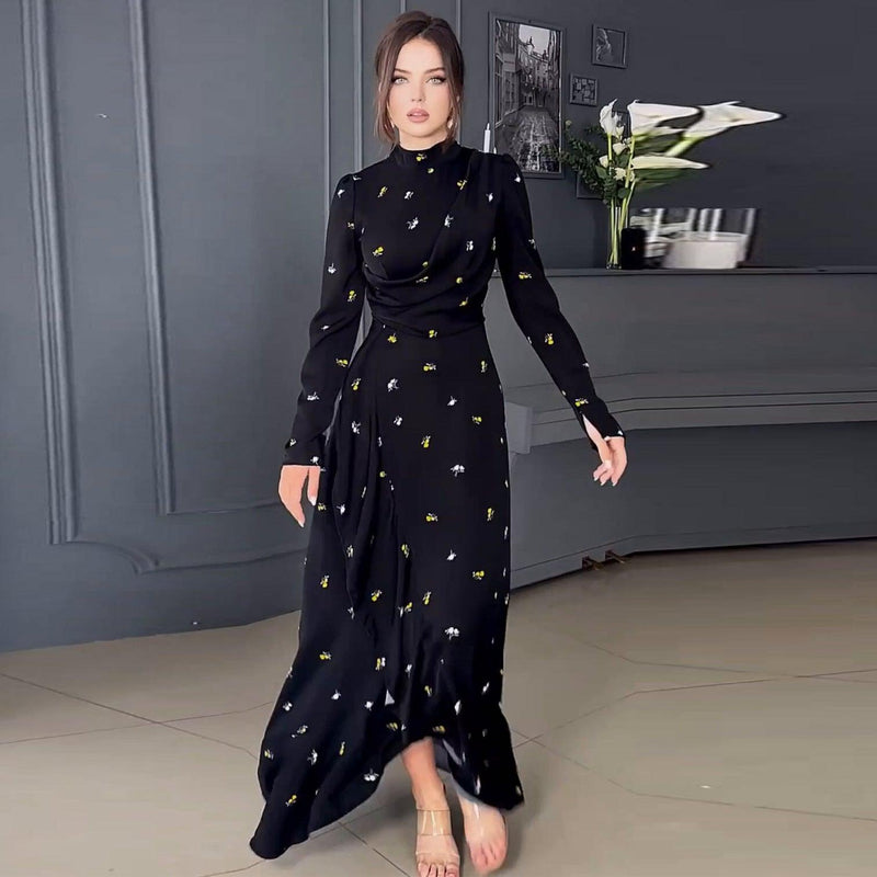 Long Sleeve Slim Fit Ruffled Large Swing Dress - WOMONA.COM Long Sleeve Slim Fit Ruffled Large Swing Dress - WOMONA.COM