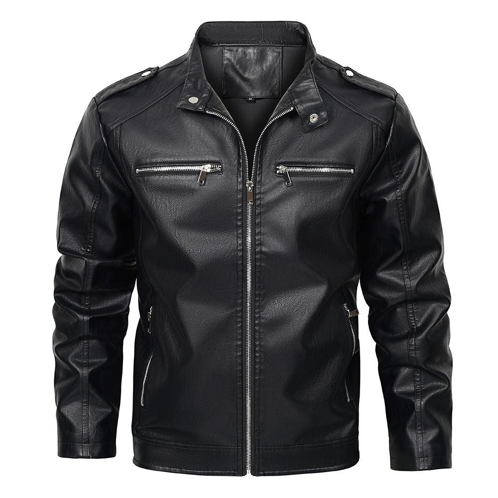 Men's black stand-collar motorcycle jacket with front zipper and two chest zip pockets