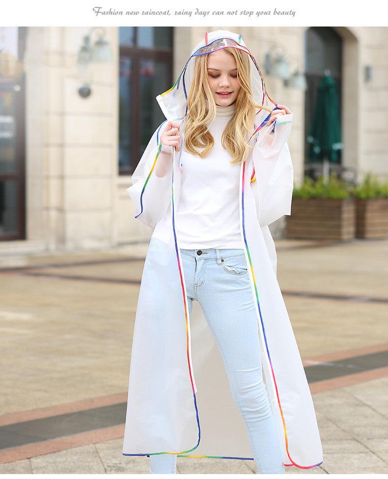 Long white raincoat with hood and colorful piping, full-length front zipper