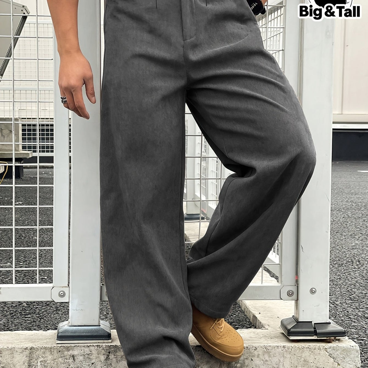 Plus-size men's corduroy trousers, dark gray, textured fabric and button waist