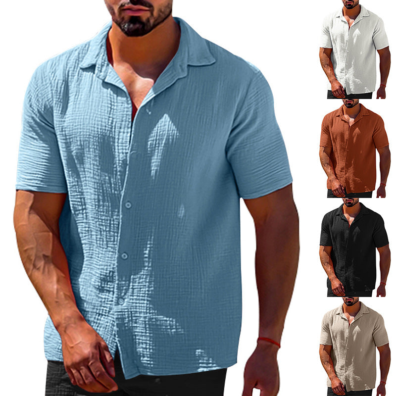 Solid Color Short Sleeve Button Men's Linen Shirts - WOMONA.COM