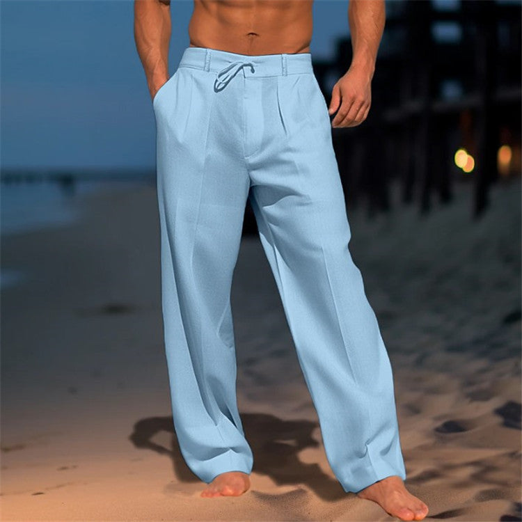 Men's light blue casual drawstring pants, relaxed fit with elastic waist