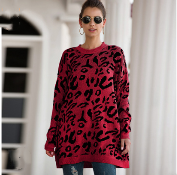 Loose leopard print sweaters with long sleeves - WOMONA.COM