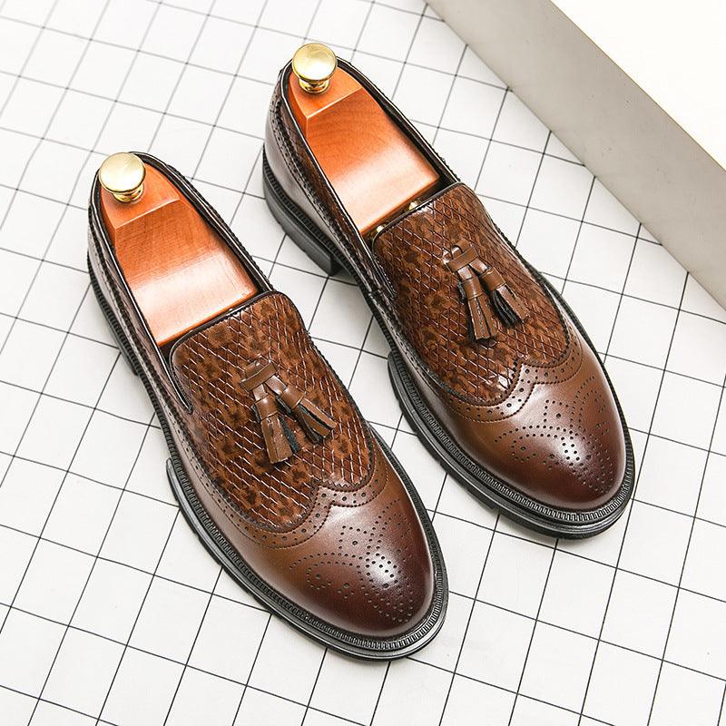 Youth brown leather slip-on shoes with tassel fringe and brogue perforations