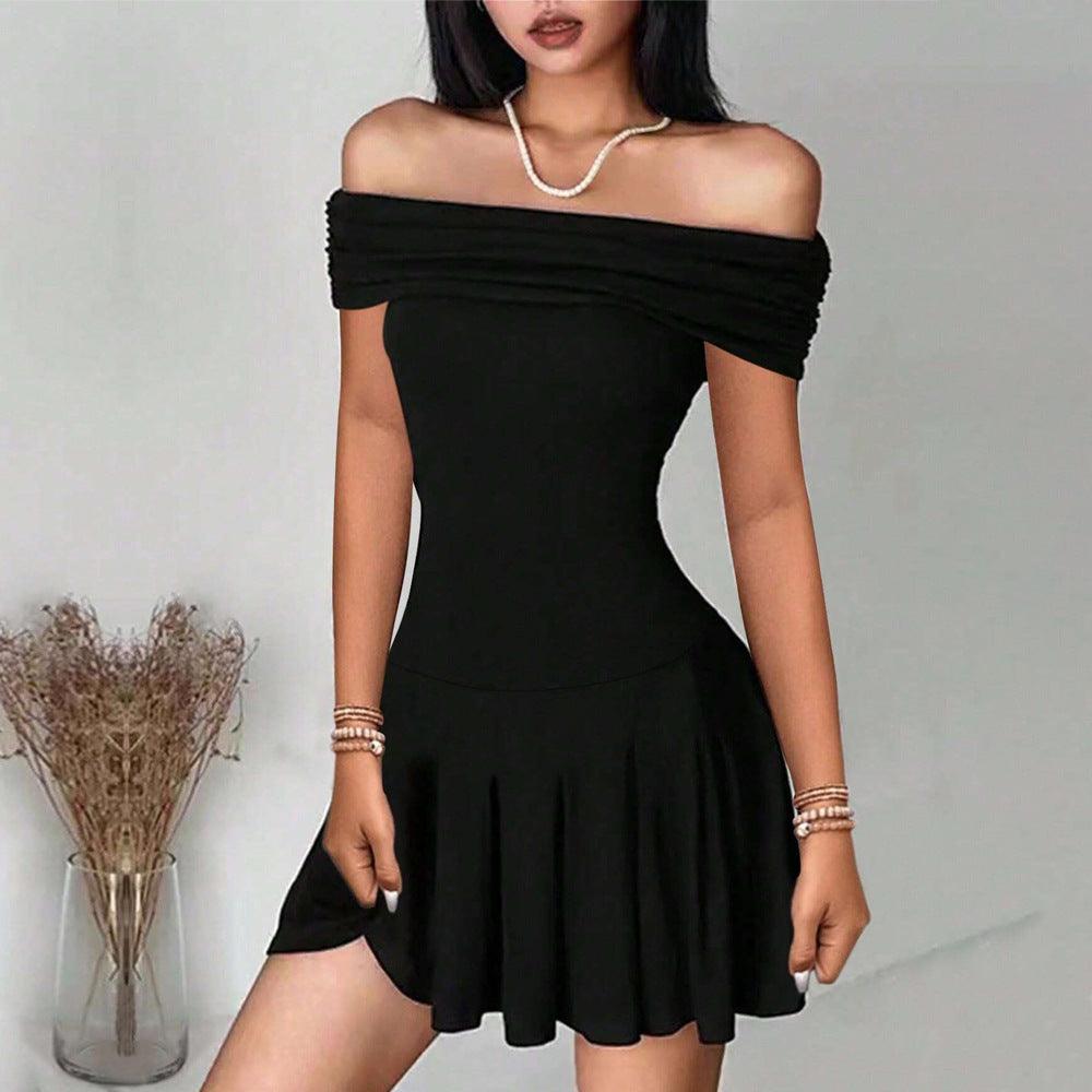 Black off-shoulder fitted mini dress with flared hem and gathered shoulder band