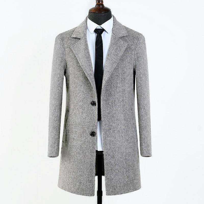 Gray wool overcoat with notched lapels and two-button front