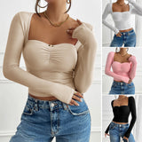 Elegant Slim-fit Pleated Knitted Long-sleeved Top T-shirt