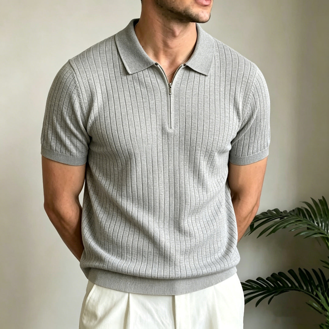 Light gray ribbed knit polo shirt with short sleeves and half-zip placket