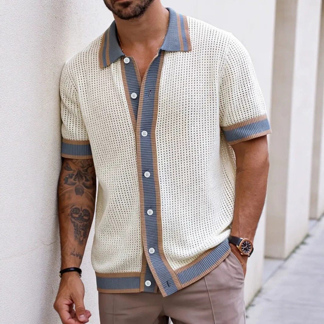 Men's knitted short-sleeve polo shirt, beige knit with lapel and button placket