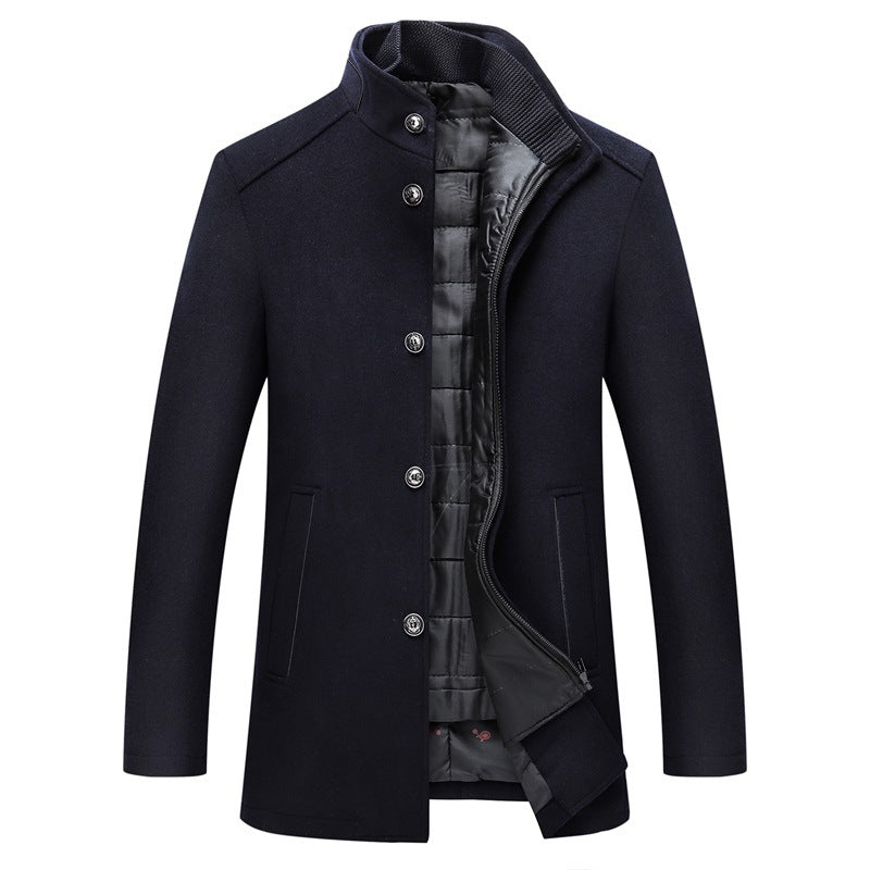 Men's wool coat in dark navy with stand collar, snap buttons, and zip front