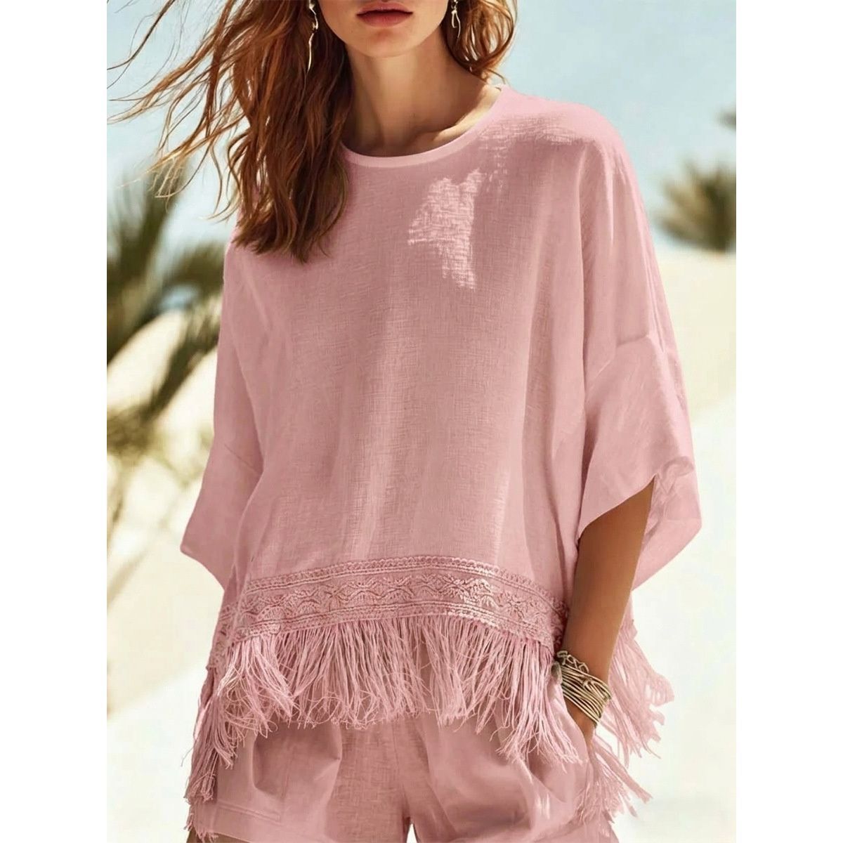 Pink crew-neck fringe mid-sleeve t-shirt with layered tassel hem