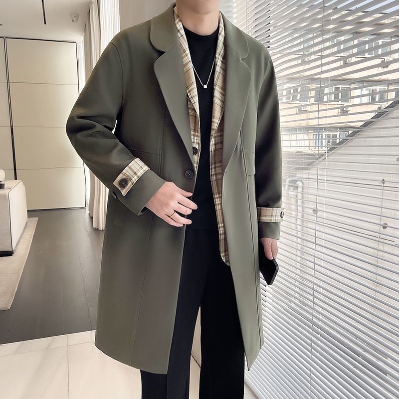 Army green patchwork slim trench coat with plaid lining, notch lapels, and belt