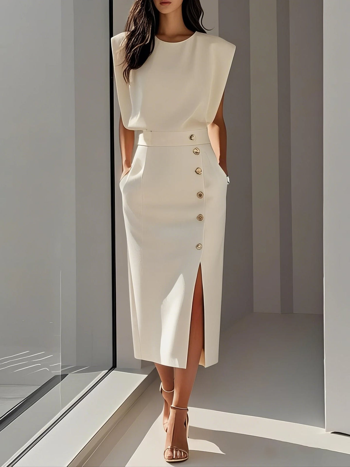 Women's sleeveless button-detail slit midi dress – product image 5