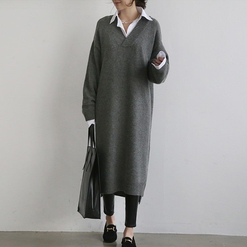 Sweater skirt V-neck knitted pullover bottoming shirt - WOMONA.COM