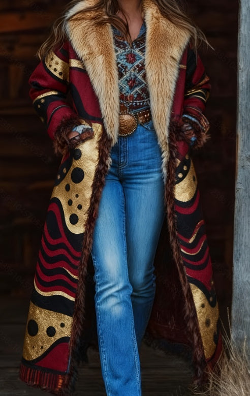 Women’s retro long coat with faux fur collar, burgundy and black folk print, button front