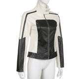 Patchwork Leather Jacket Slim Collared Casual - WOMONA.COM