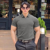 Lapel Solid Color Stretch Slim Fit Short Sleeve Fitness Suit For Men - WOMONA.COM