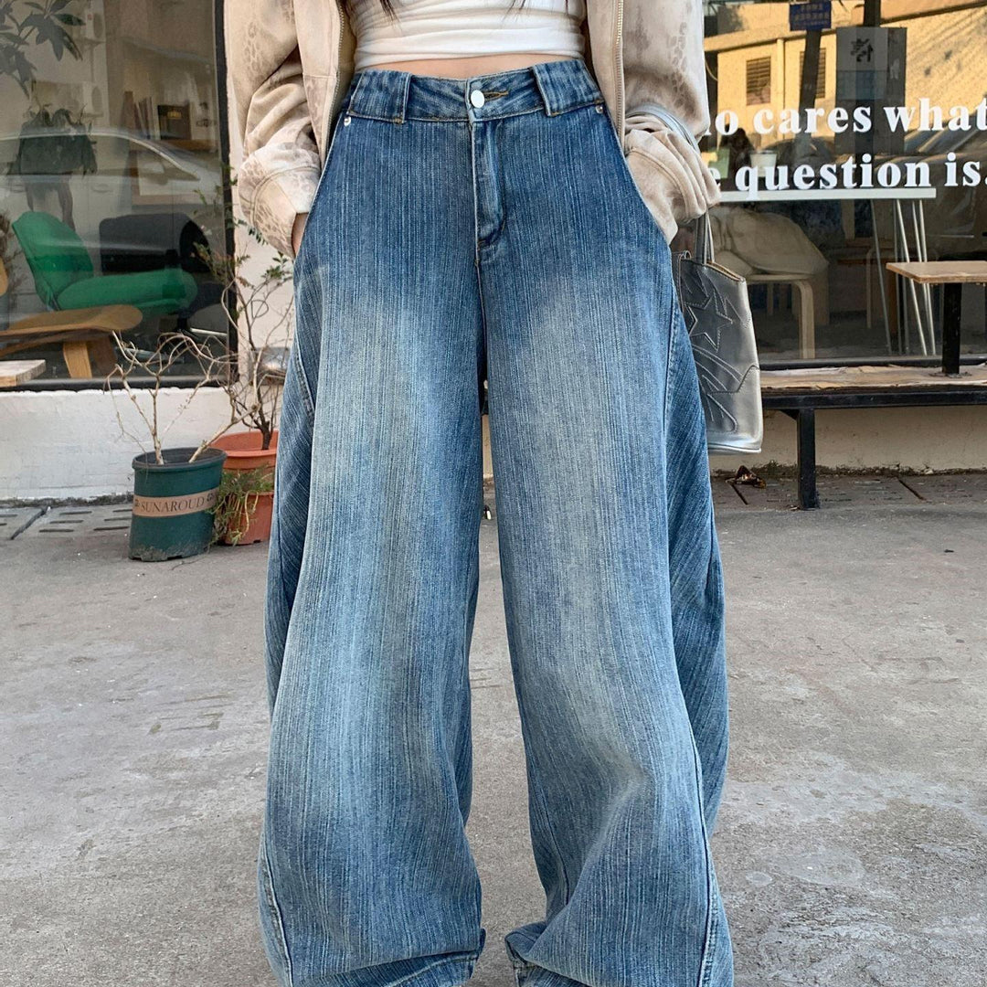 Washed distressed wide-leg blue jeans for women, high-rise waist, button closure