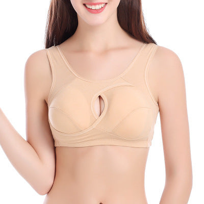 Beige cotton sports bra with front keyhole cutout and wide supportive band
