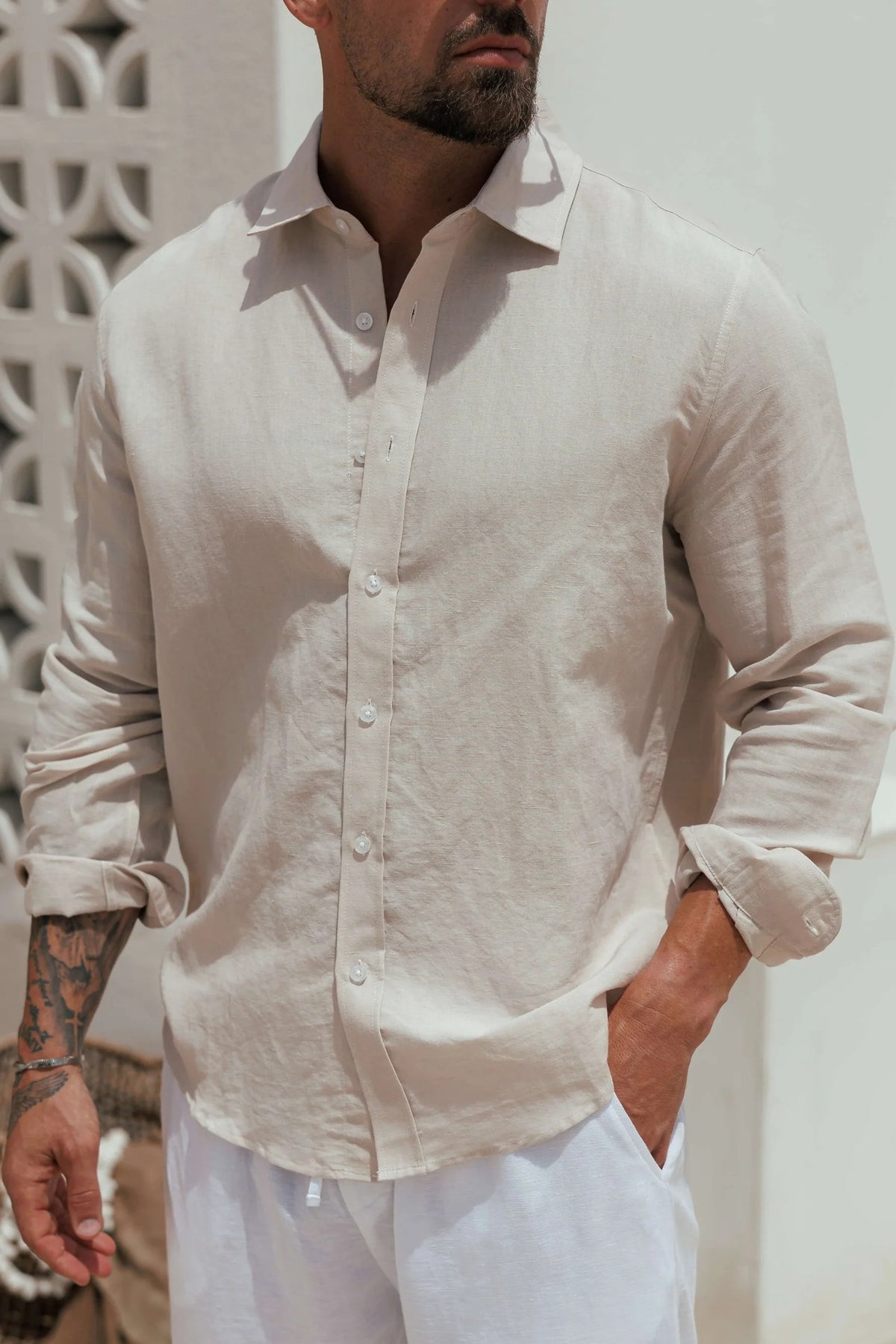 Men's linen long-sleeve shirt, white, button-front with pointed collar