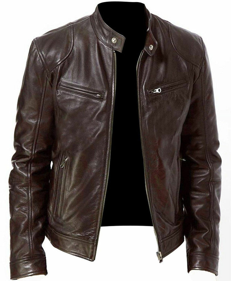 Pu Leather Collar Slim Leather Jacket - WOMONA.COM